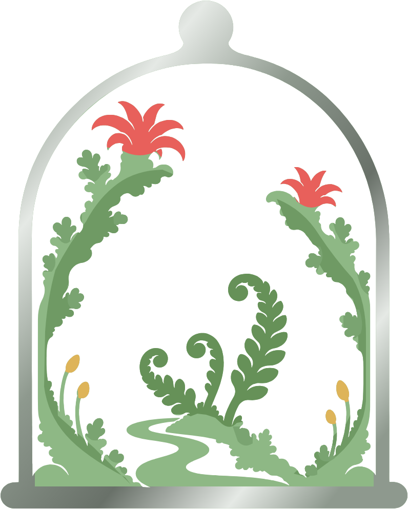Glass terrarium with moss, ferns, and red bromeliads
